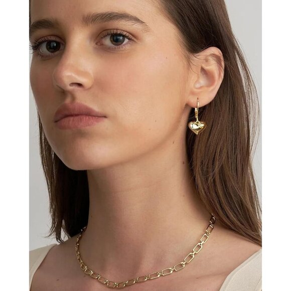 14K Gold-Puffed Heart Leverback Dangle Drop Hypoallergenic Earring for Women - Picture 4 of 7